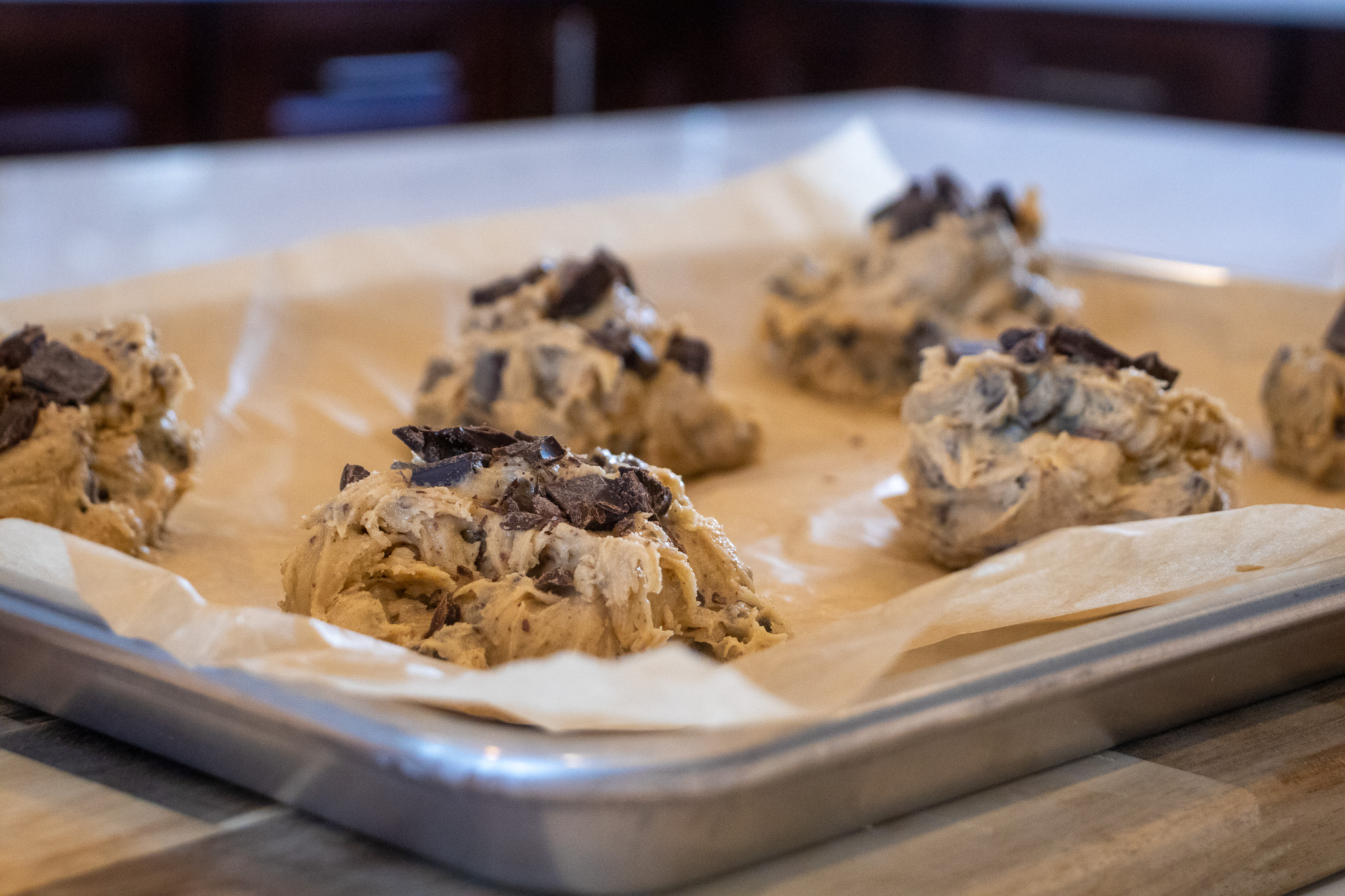 Sourdough Dark Chocolate Chip Cookies, hand-shaped